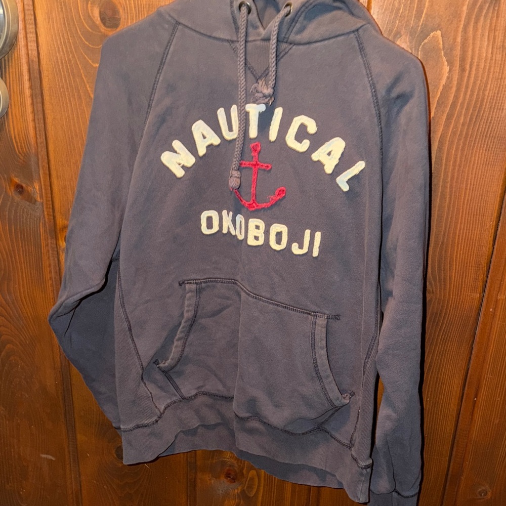 Blue 84 Navy Pullover Hoodie with “Nautical Okoboji” and Anchor embroidery